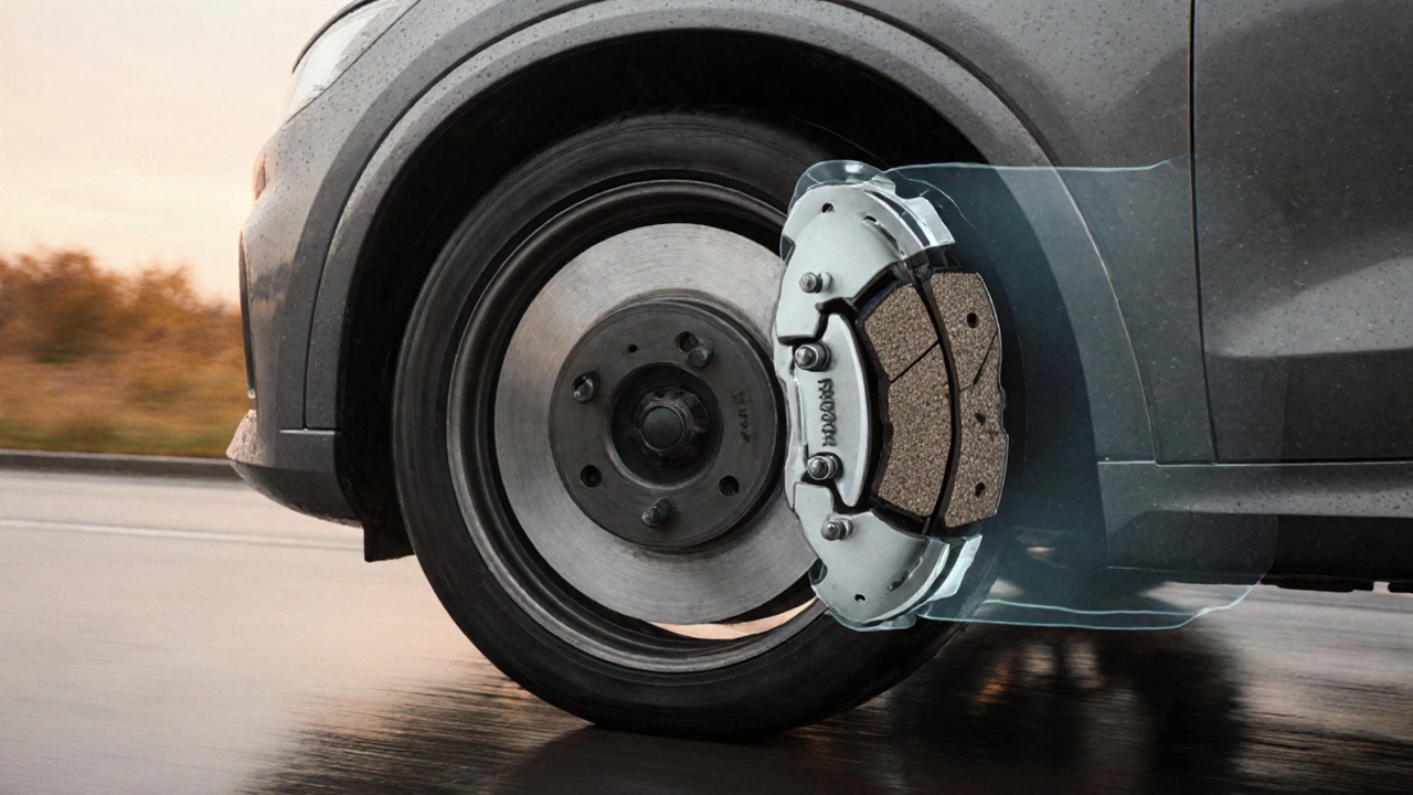 Car braking on wet road showing new pads against faded outline of worn pads.