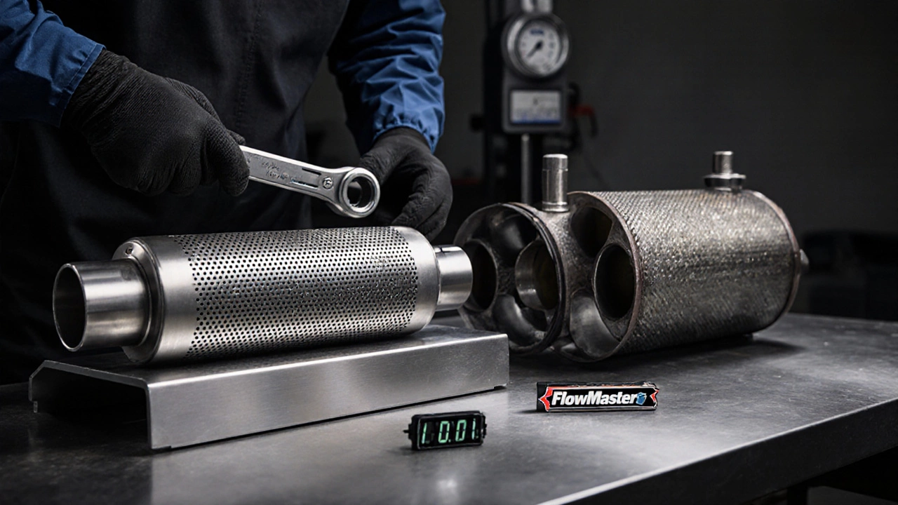 Close‑up of a Borla straight‑through muffler beside a Flowmaster chambered muffler on a workshop bench.
