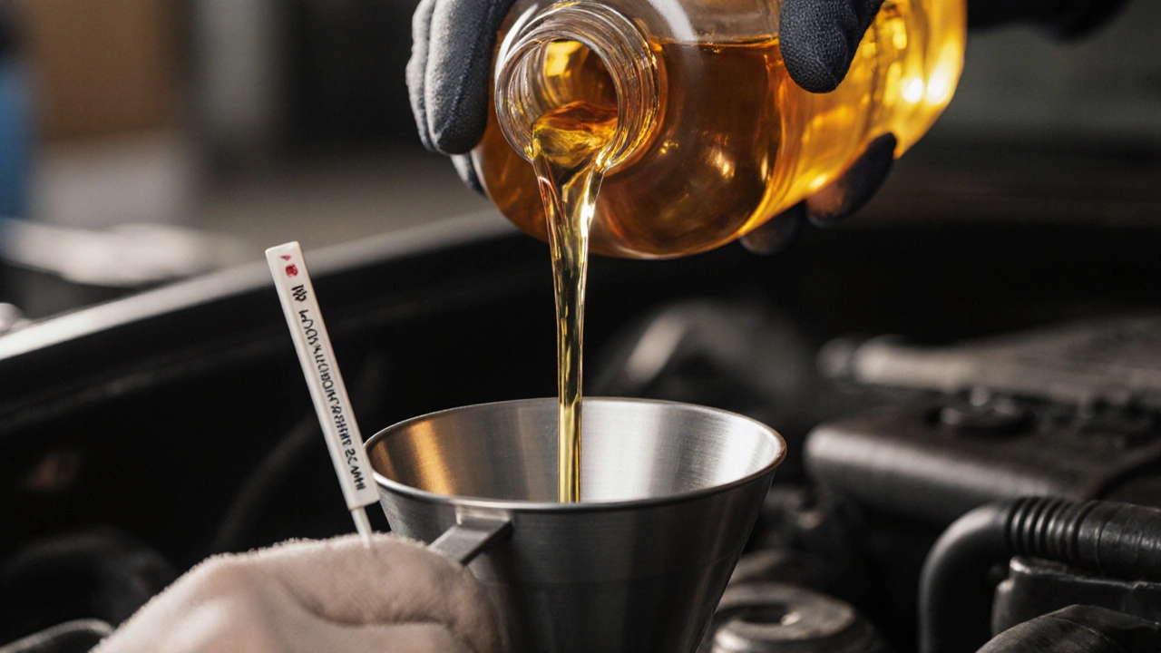 Close‑up of funnel pouring amber oil into engine with dipstick visible.