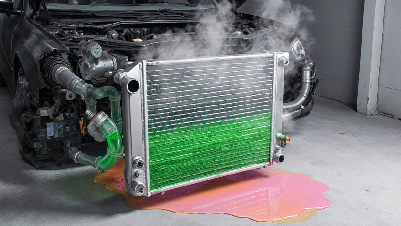Close-up of radiator with steam, coolant leak, hoses, pump, thermostat.