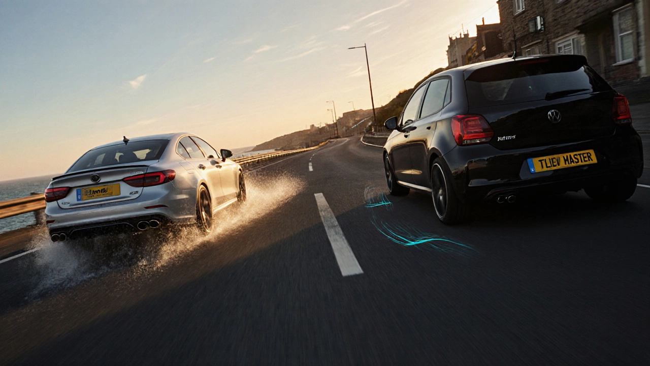 Coastal sunrise highway with a Borla‑equipped sedan and a city street featuring a Flowmaster‑equipped hatchback.