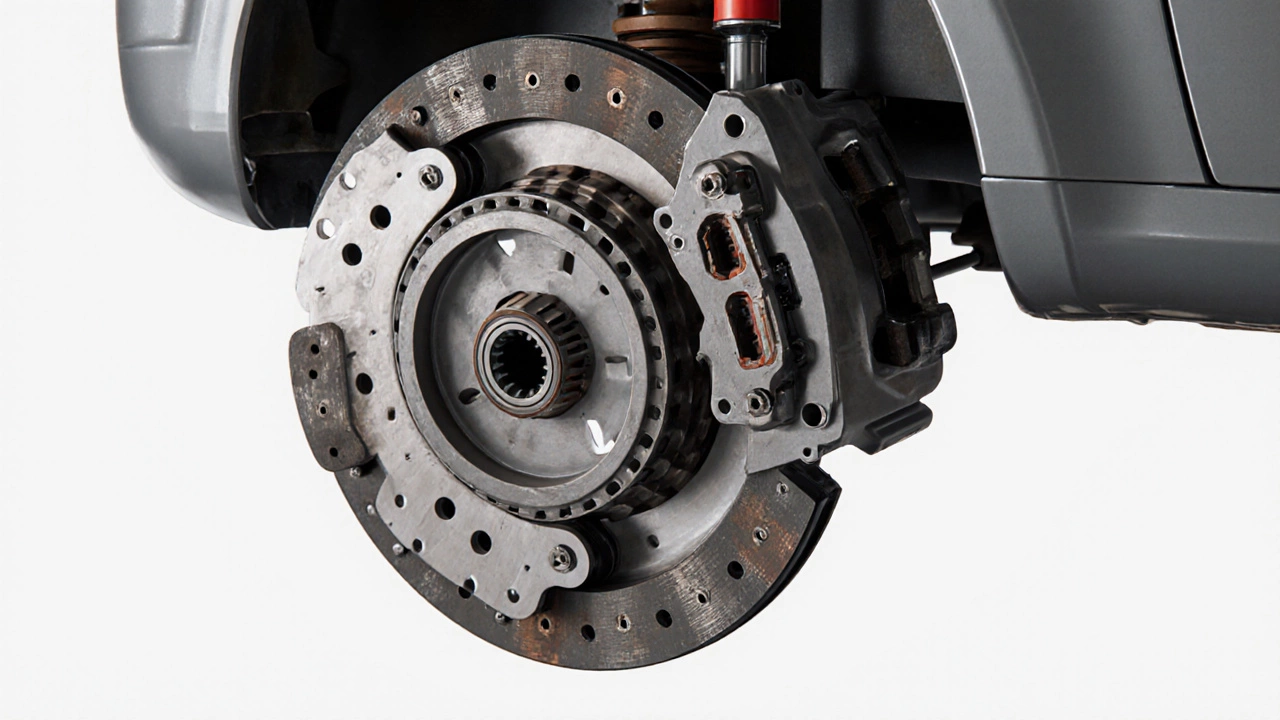 Cutaway illustration of a clutch system showing disc, pressure plate, bearing, flywheel, and hydraulic piston.