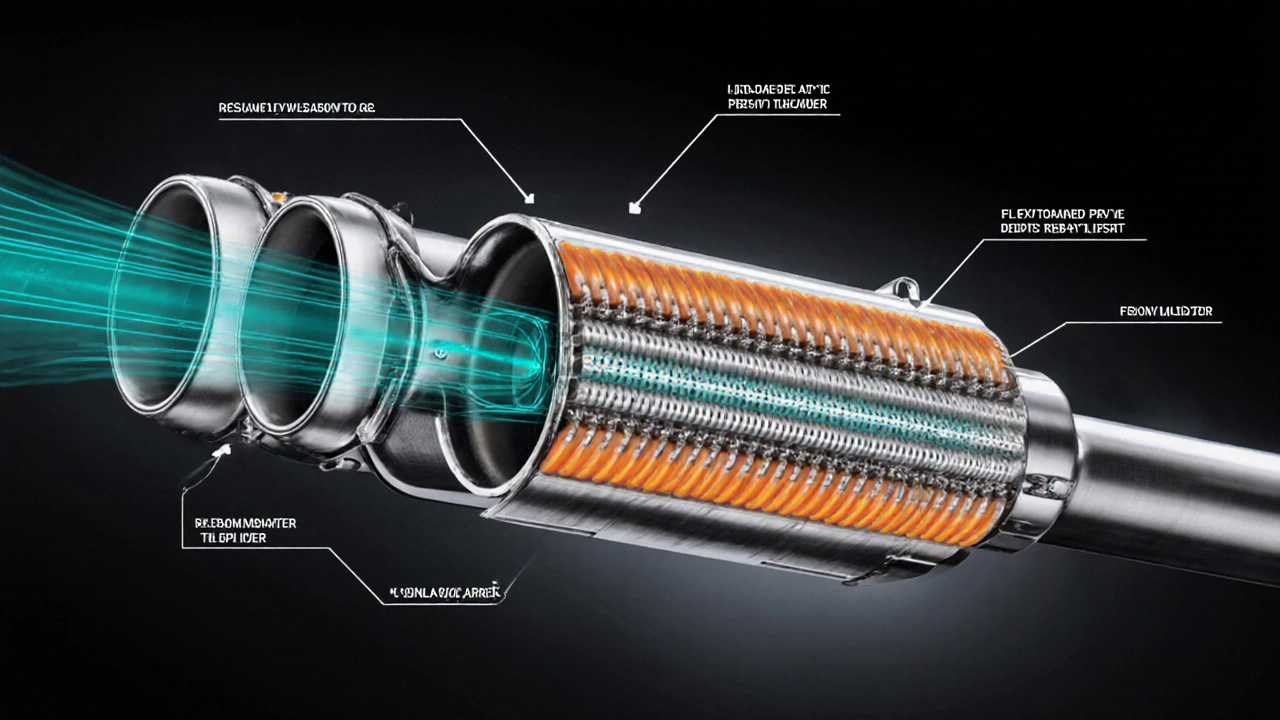 Cutaway view showing headers, resonator, muffler, and tailpipe with airflow arrows.