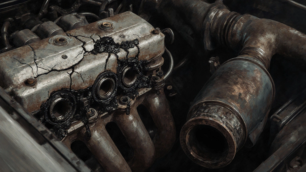 Damaged engine with sludge, worn bearings, and a clogged catalytic converter indicating severe wear.