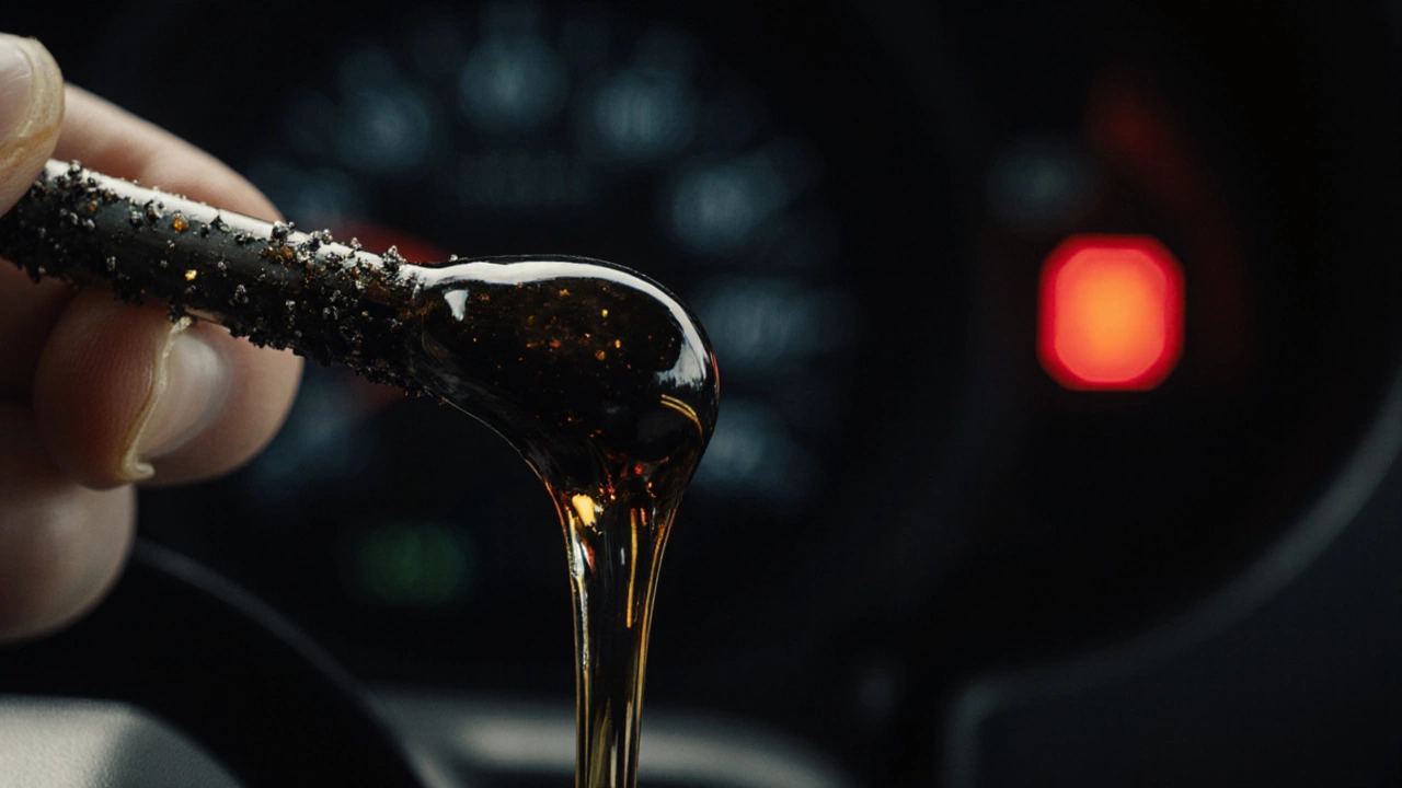 Dark, gritty oil on dipstick with red oil pressure warning light lit on dashboard.