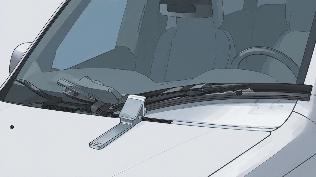Diagram of wiper arm forced beyond stop, touching paint and blocking rain sensor.