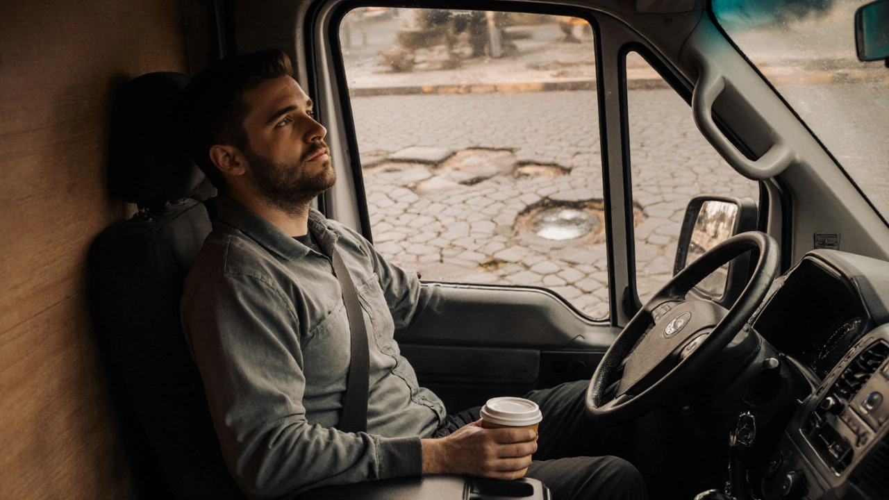 Driver relaxed in van cabin with air suspension while outside road is rough and uneven.