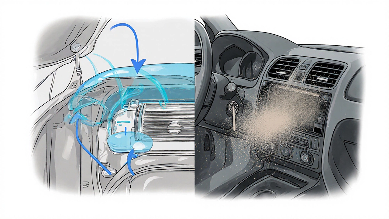 Engine airflow comparison: clean vs. clogged filter letting dust into cabin.