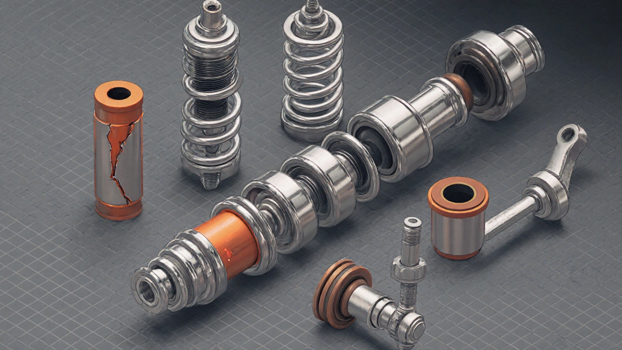 Exploded engineering view of suspension parts highlighting leaks, cracks, and dry bushings.