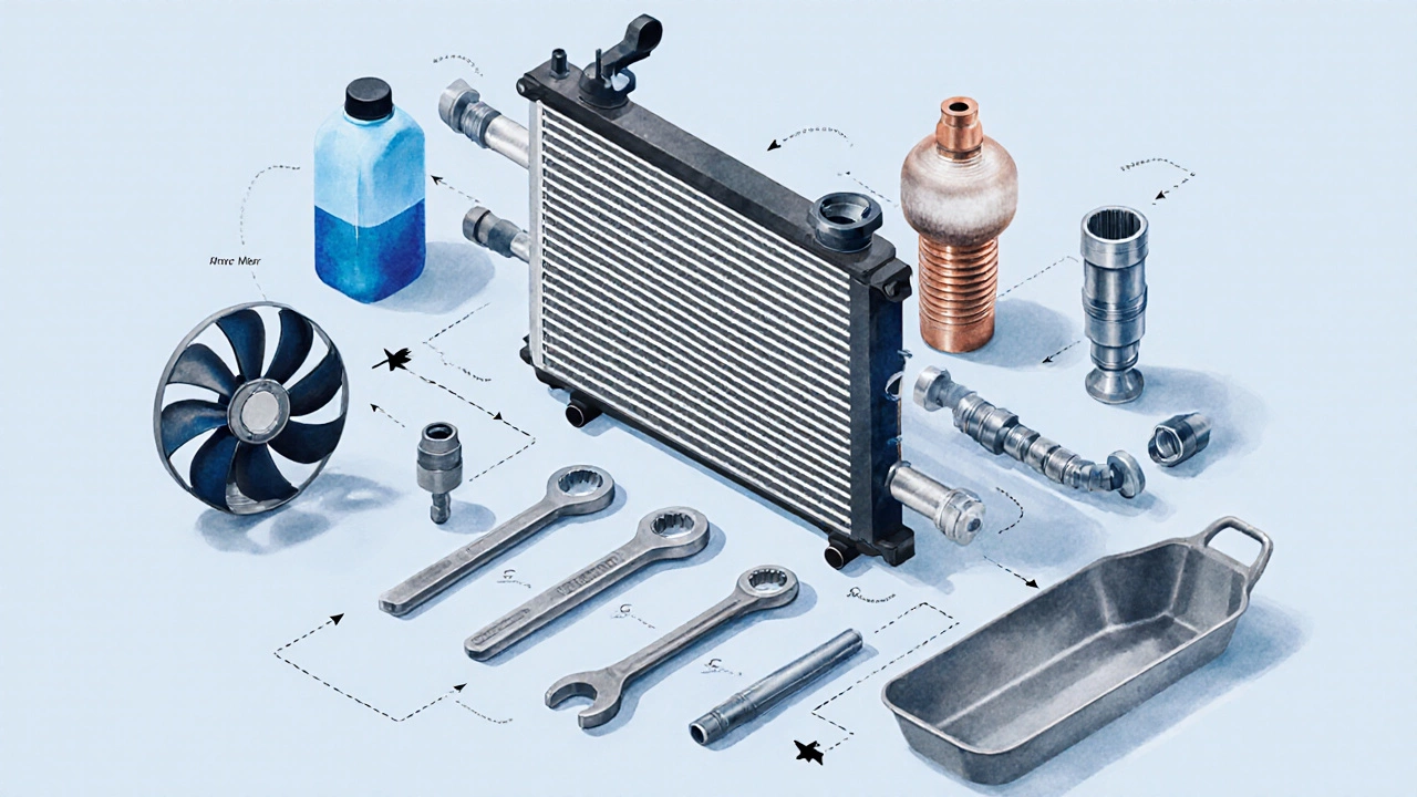 Exploded view of radiator core, fan, pressure cap, coolant bottle and hoses with surrounding hand tools.