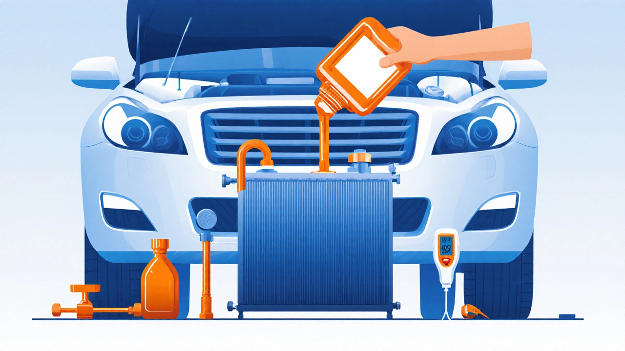 Flat design of car front with coolant being added, radiator cap and tools for maintenance.