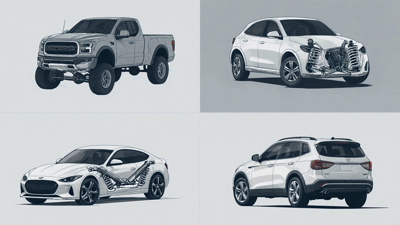 Four panels showing solid axle, MacPherson strut, double wishbone, and multi‑link suspensions on different vehicles.