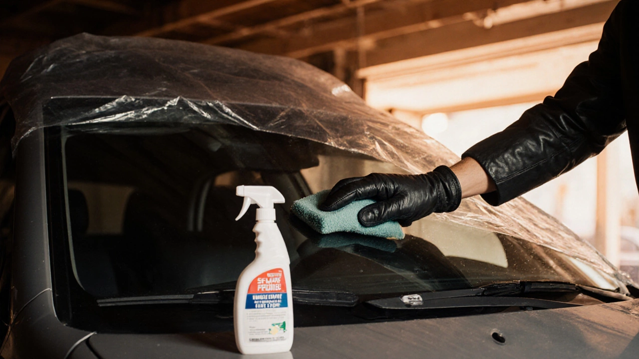 Hand cleaning wiper blades and placing a protective cover in a garage.