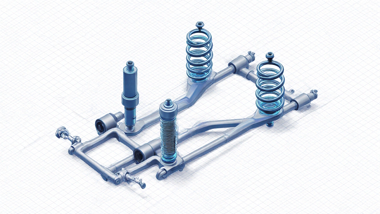 Isometric cutaway showing front suspension components of a car.