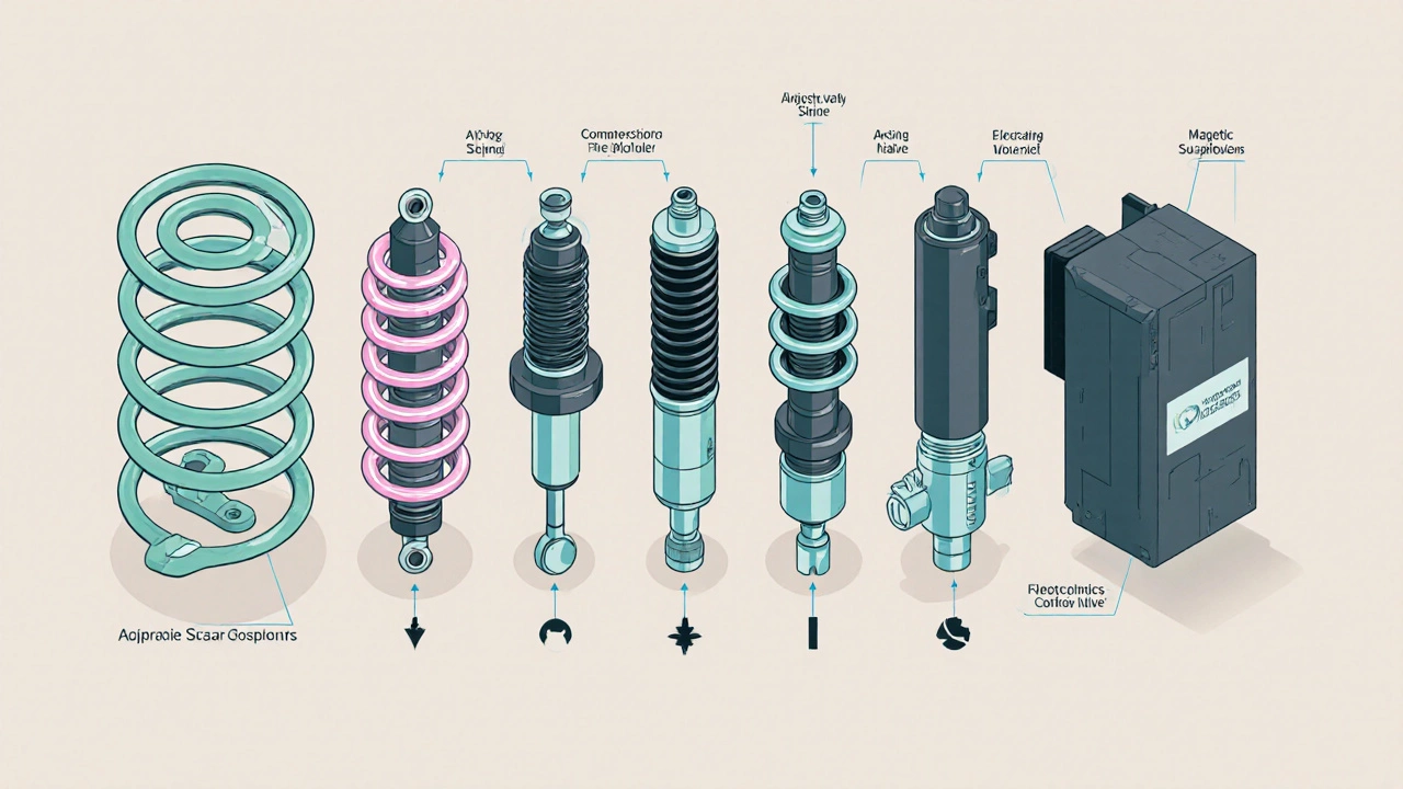 Isometric illustration of leaf springs, coil springs, air bags, coilovers, magnetic ride control, and active suspension.