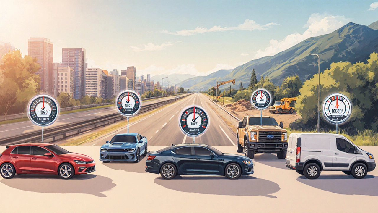 Lineup of five vehicle types with odometer wheels indicating mileage ranges.