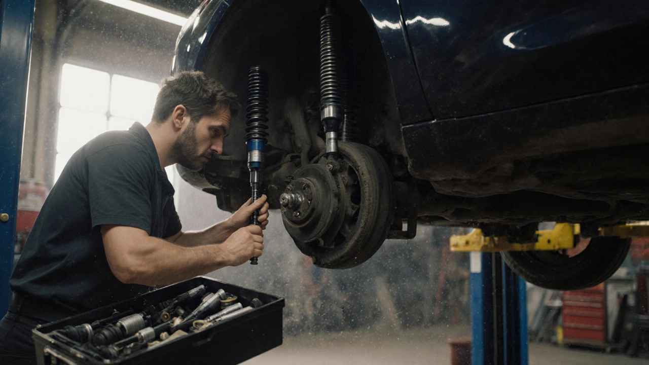 Mechanic inspecting a car’s multi‑link suspension in a workshop.
