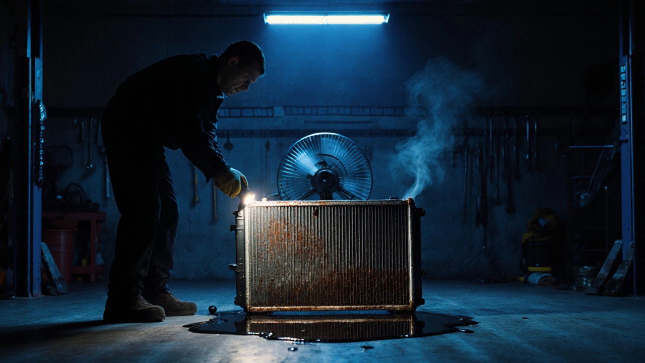 Mechanic inspecting a rusty radiator leak at night under a flashlight, coolant puddle on garage floor.