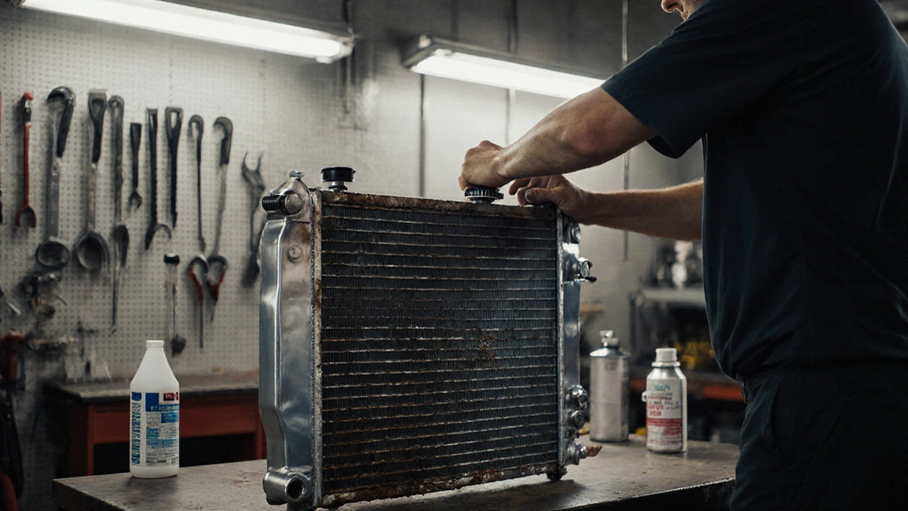 Mechanic installs new radiator in garage with tools and coolant.