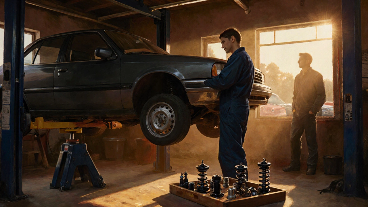 Mechanic lifting a car in a warm garage with suspension parts on a bench.