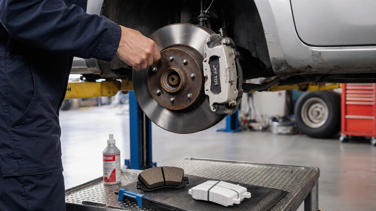 Mechanic lifting a car to replace brake pads, with new pads and tools on a garage workbench.