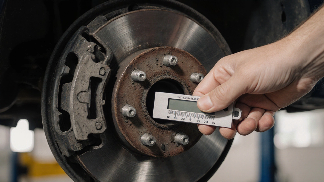 Mechanic measuring brake pad thickness with a gauge after removing the wheel.