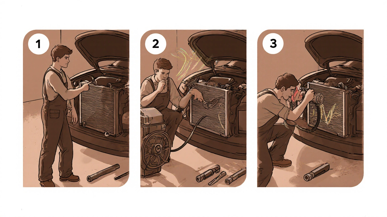 Mechanic performing radiator diagnosis: checking hose, listening to fan, using tools.