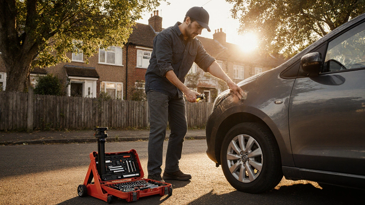 Person using a jack and flashlight to inspect a car's suspension on a suburban driveway.