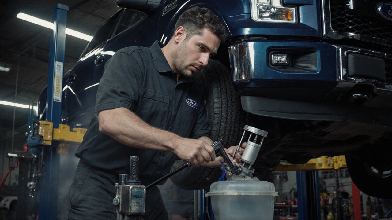 Professional mechanic lowering fuel tank from a Ford F-150 using specialized equipment.
