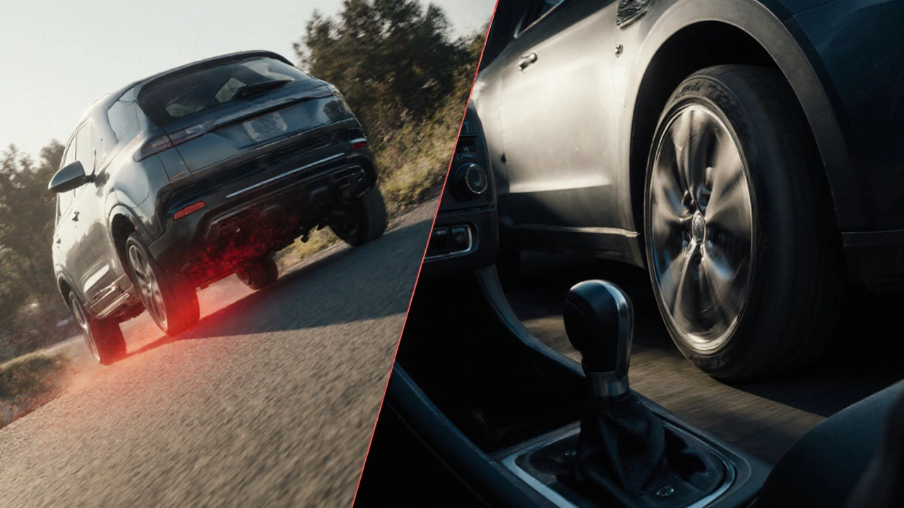 Split scene of a car slipping on a hill versus a smooth gear shift on flat road.