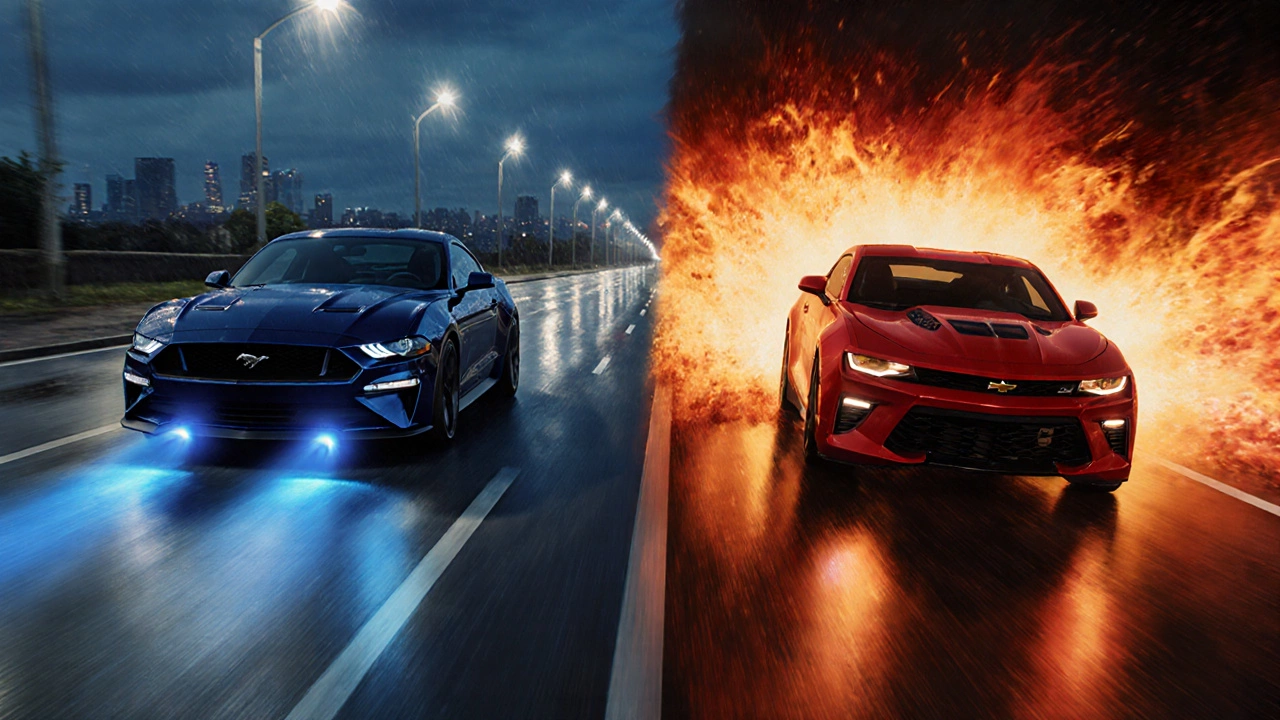 Split scene of two cars at dusk, each with a distinct soundwave representing different exhausts.