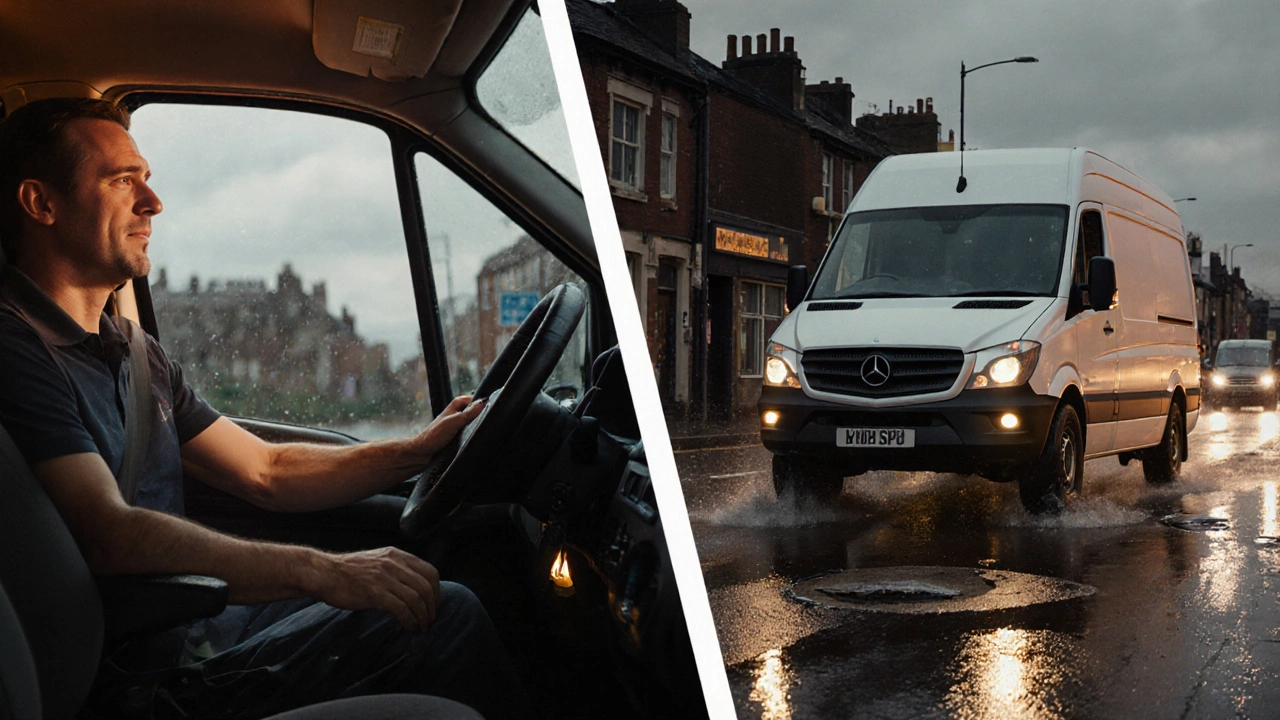 Split‑screen van before and after air suspension upgrade, showing smoother ride on pothole‑filled street.