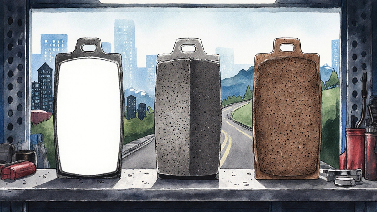 Three brake pads (ceramic, semi‑metallic, organic) displayed with background silhouettes of driving conditions.