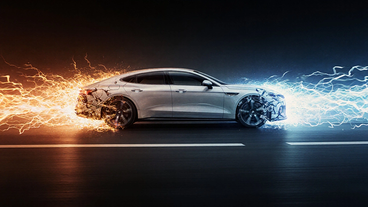 A car accelerating with two energy streams: one lost as heat, one fully transferred to the wheels.