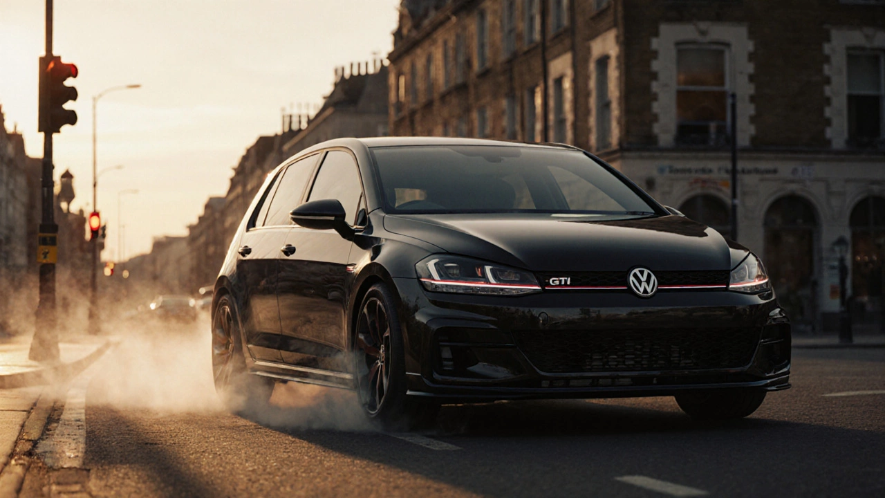 A Volkswagen Golf GTI launching from a stoplight with tires gripping the road under golden hour light.
