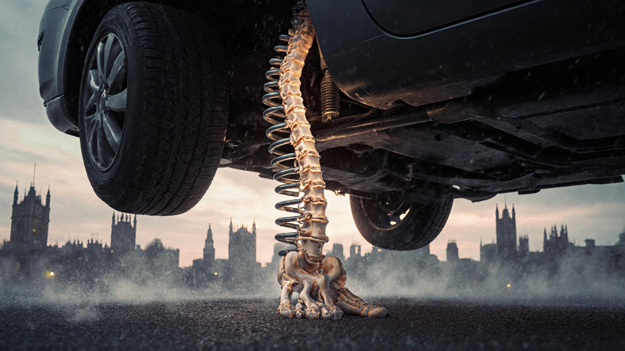Car suspension system visualized as a broken spine, with tyres losing road contact in a stormy city.