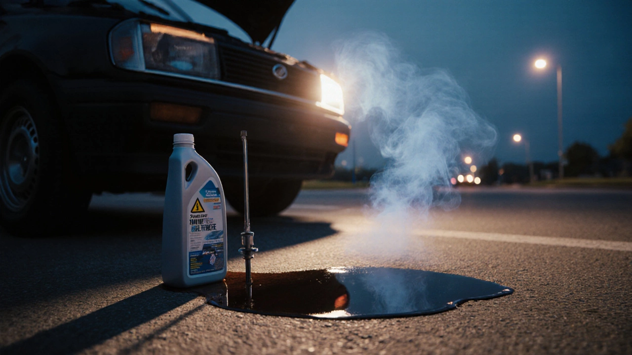 Car with open hood showing oil puddle and smoke, dipstick and oil bottle nearby.