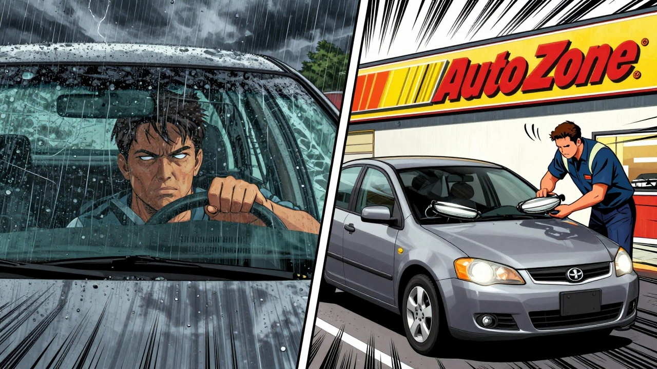 Comic-style split panel: blurry windshield vs. clear windshield with AutoZone installation.