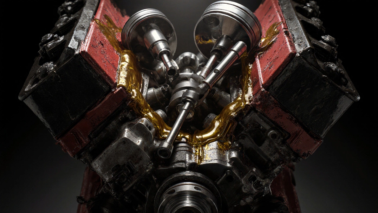 Cross-section of engine parts grinding without oil, showing friction and heat damage.