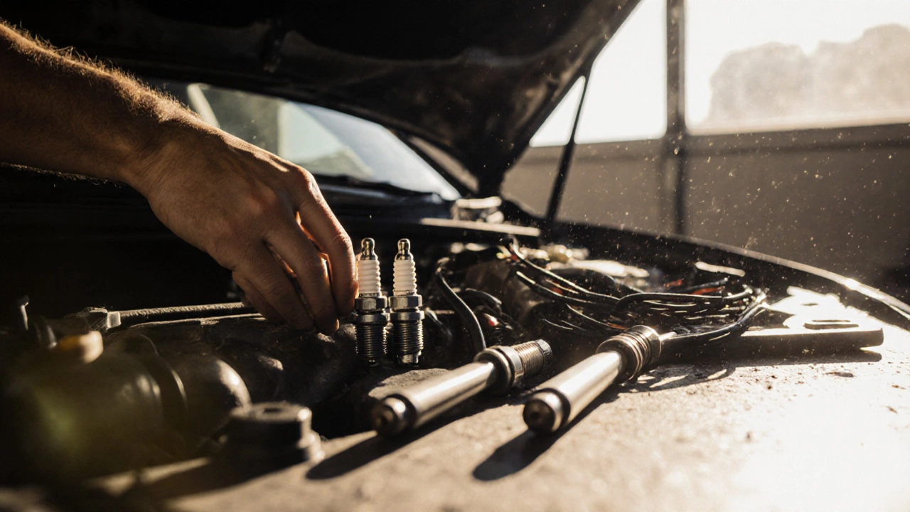 DIY mechanic replacing spark plugs with old wires beside tools in garage