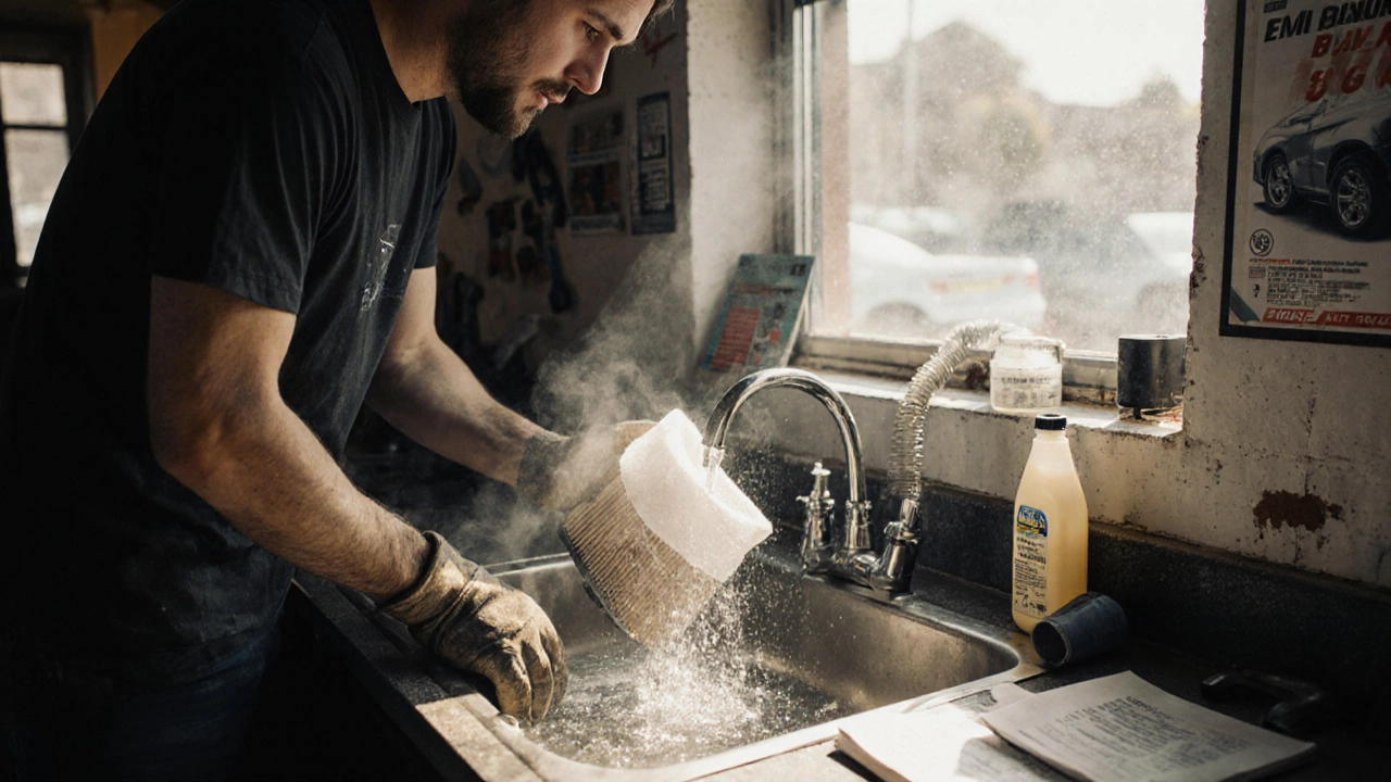 Mechanic cleaning a reusable air filter with water in a garage, oil kit nearby, morning light streaming through window.