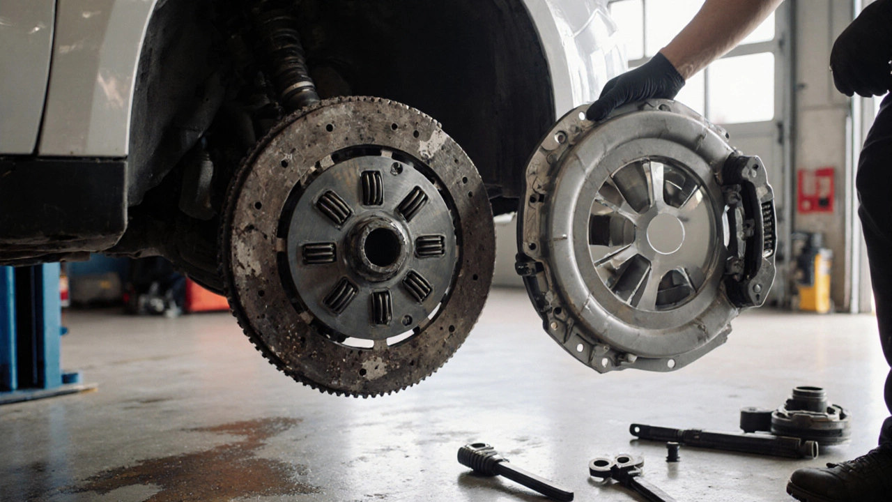Mechanic comparing a worn clutch disc to a new OEM replacement on a lifted car.