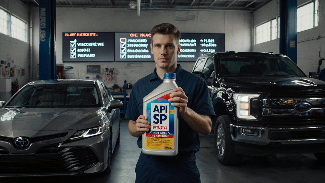 Mechanic holding synthetic oil bottle beside two cars, with API and ILSAC labels visible.