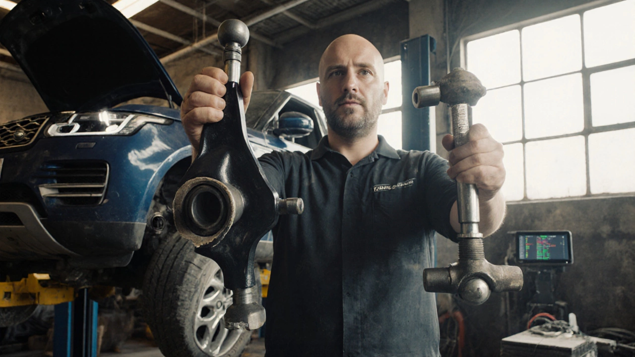 Mechanic showing worn and new suspension parts beside a Range Rover with uneven tyre wear.