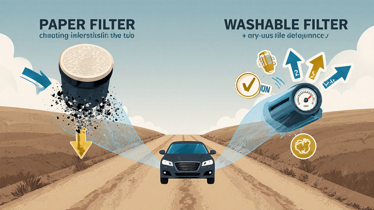 Split-road concept showing clogged paper filter reducing engine performance versus clean washable filter improving airflow.