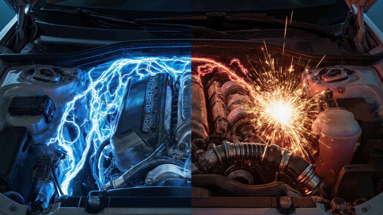 Transparent engine showing healthy vs. degraded ignition wires and electrical flow