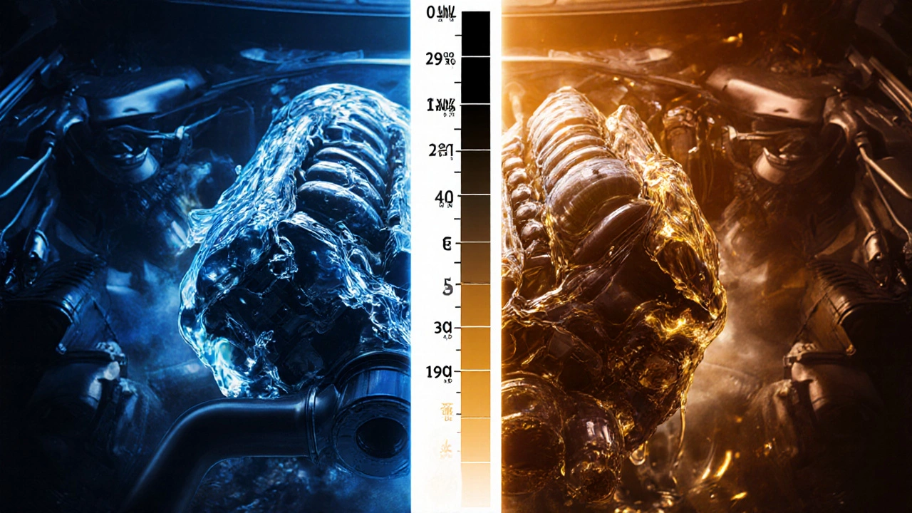 Two engine interiors showing thin synthetic oil flowing smoothly versus thick oil sluggish in older engine.