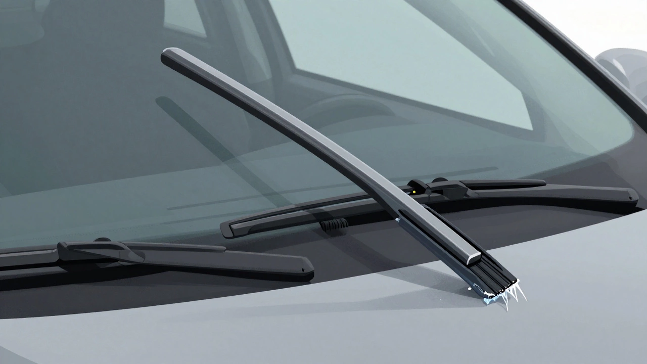A damaged wiper arm bent from being lifted, contrasted with a properly seated blade.