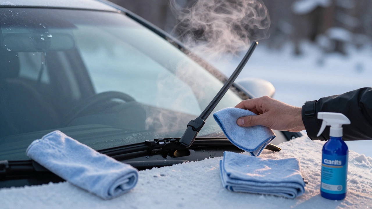 A driver carefully lifting a wiper by its base after melting ice with the defroster.