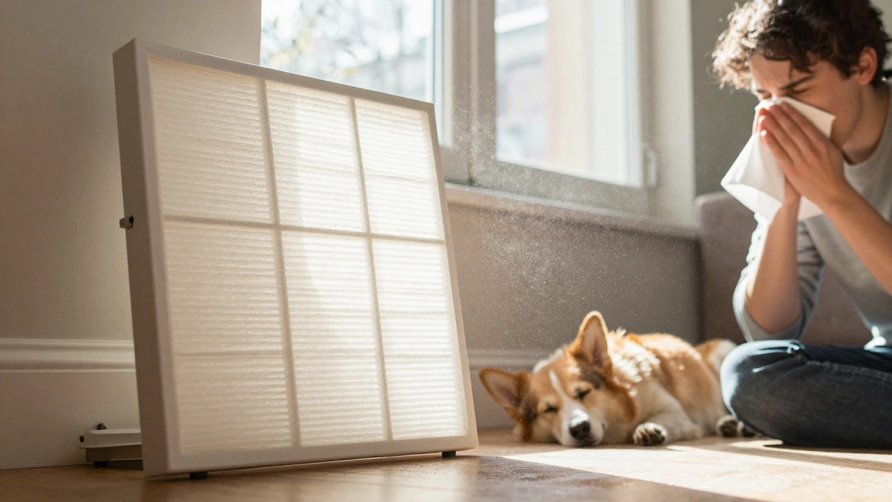 A home HVAC filter glowing in sunlight, trapping dust while a person with allergies rests nearby.